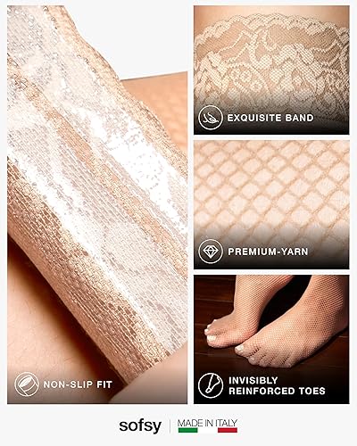 Miniatura 4 de sofsy 10 años de artesanía de calcetería, medias de red hechas en Italia para mujer, encaje de silicona doble suave en la parte superior del muslo