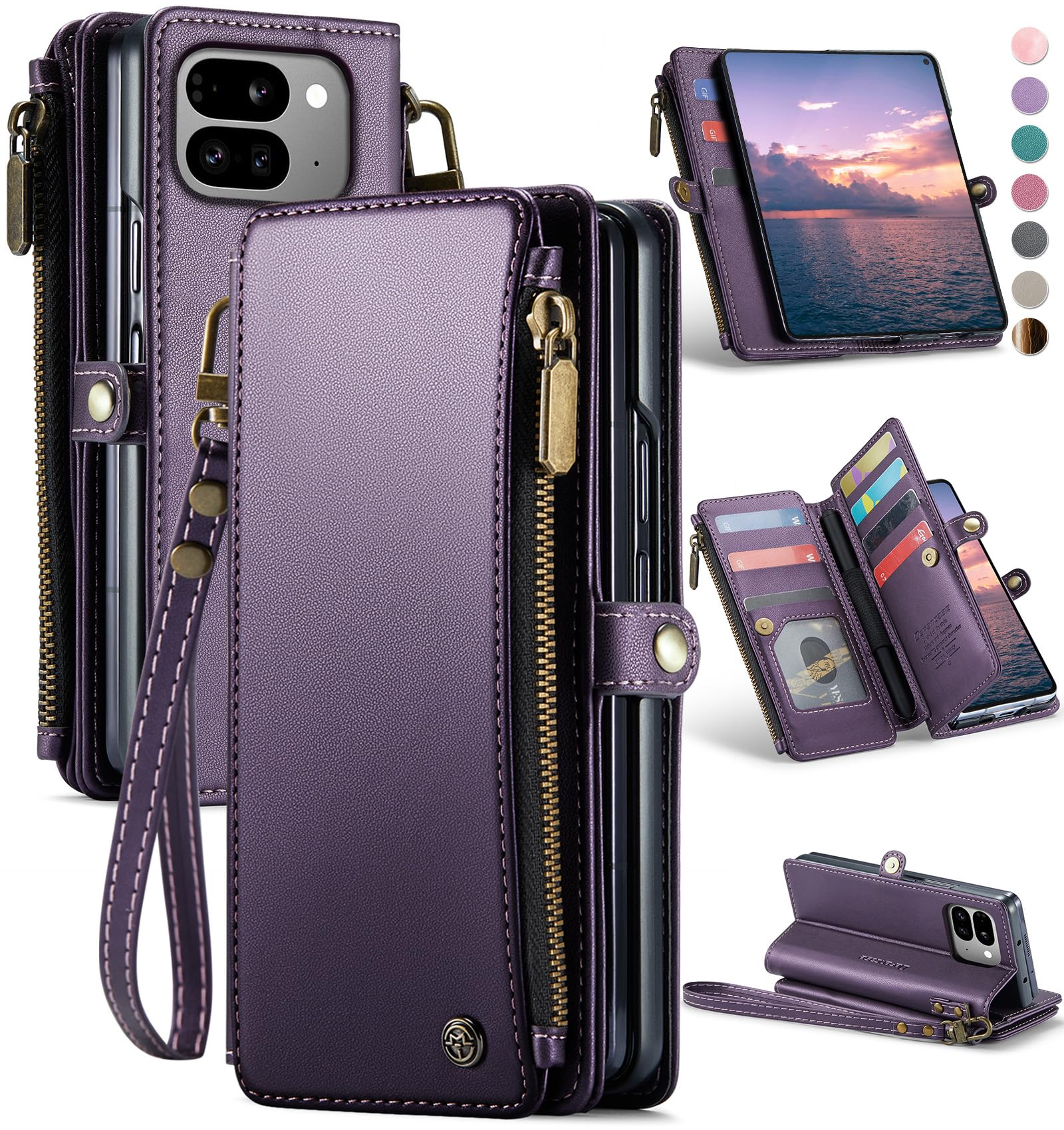 Defencase Compatible with Pixel 9 Pro Fold Case Wallet with RFID Blocking Card Holder & Pen Holder PU Leather Magnetic Snap Flip Zipper Strap Phone