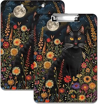 Cute Clipboard with Hidden Thin Clip, Plastic Stylish Design A4 Letter Size Clipboard, Suitable for Students, Offices, Classrooms and Children, Standard Size 12.5" x 9", Black Cat Moon