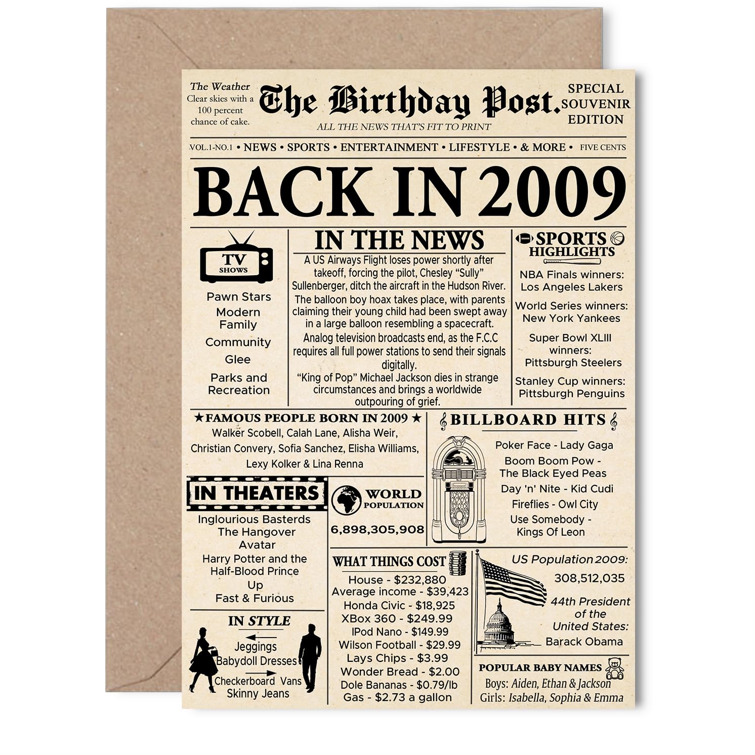 16th Birthday Card for Girls Boys - Newspaper Back in 2009 - Happy 16 Birthday Cards for Grandson Cousin Niece Son Sister Daughter, 5x7 Inch Bday Greeting Cards