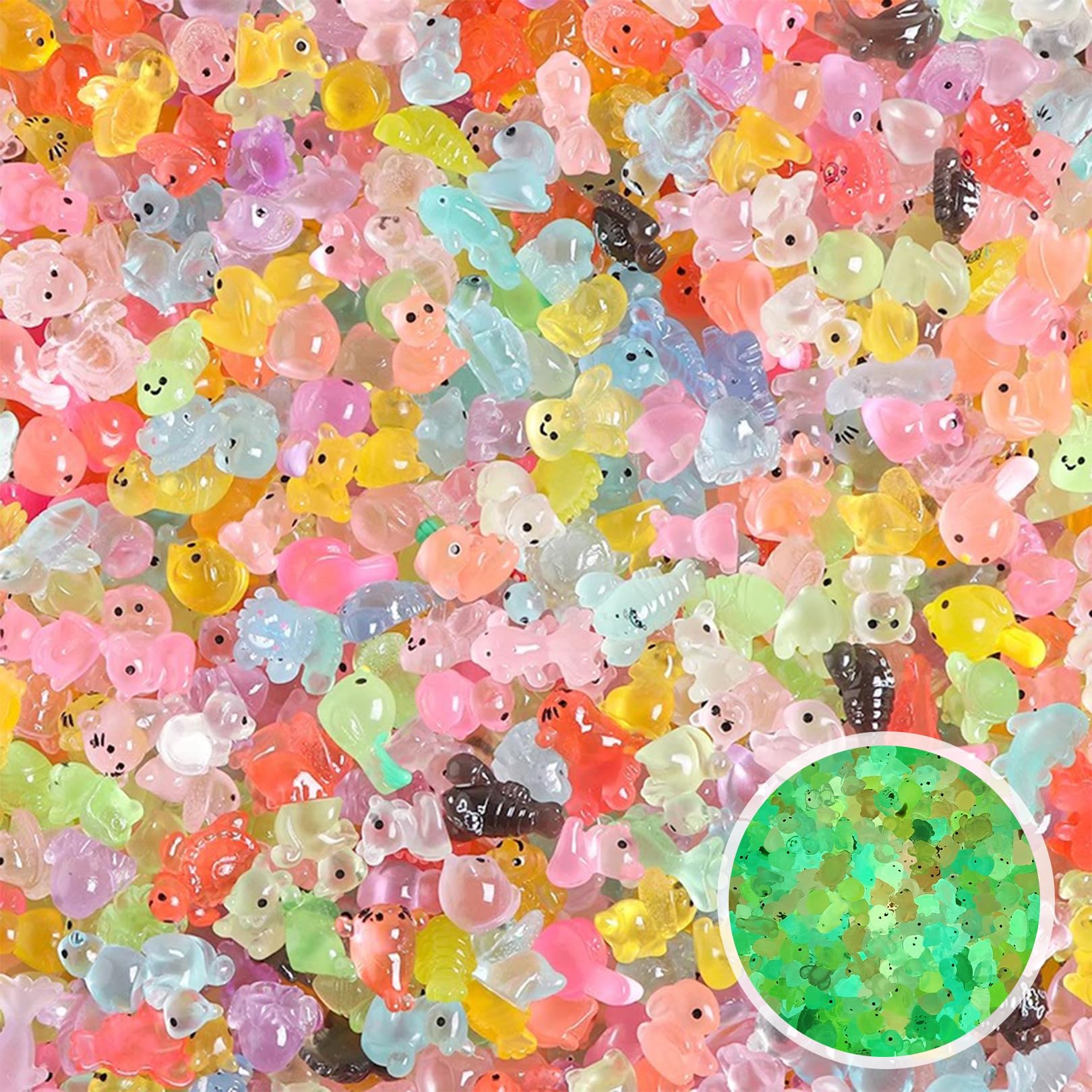 Cymygs Colorful 100Pcs Resin Animals, Mini Resin Animals, Resins Animals Mixed, Plastic Animal, Glass Animal Figures Mini, Luminous Tiny Minis Mixed The Dark For Micro For Aquarium Fairy Garden Bonsai Decor