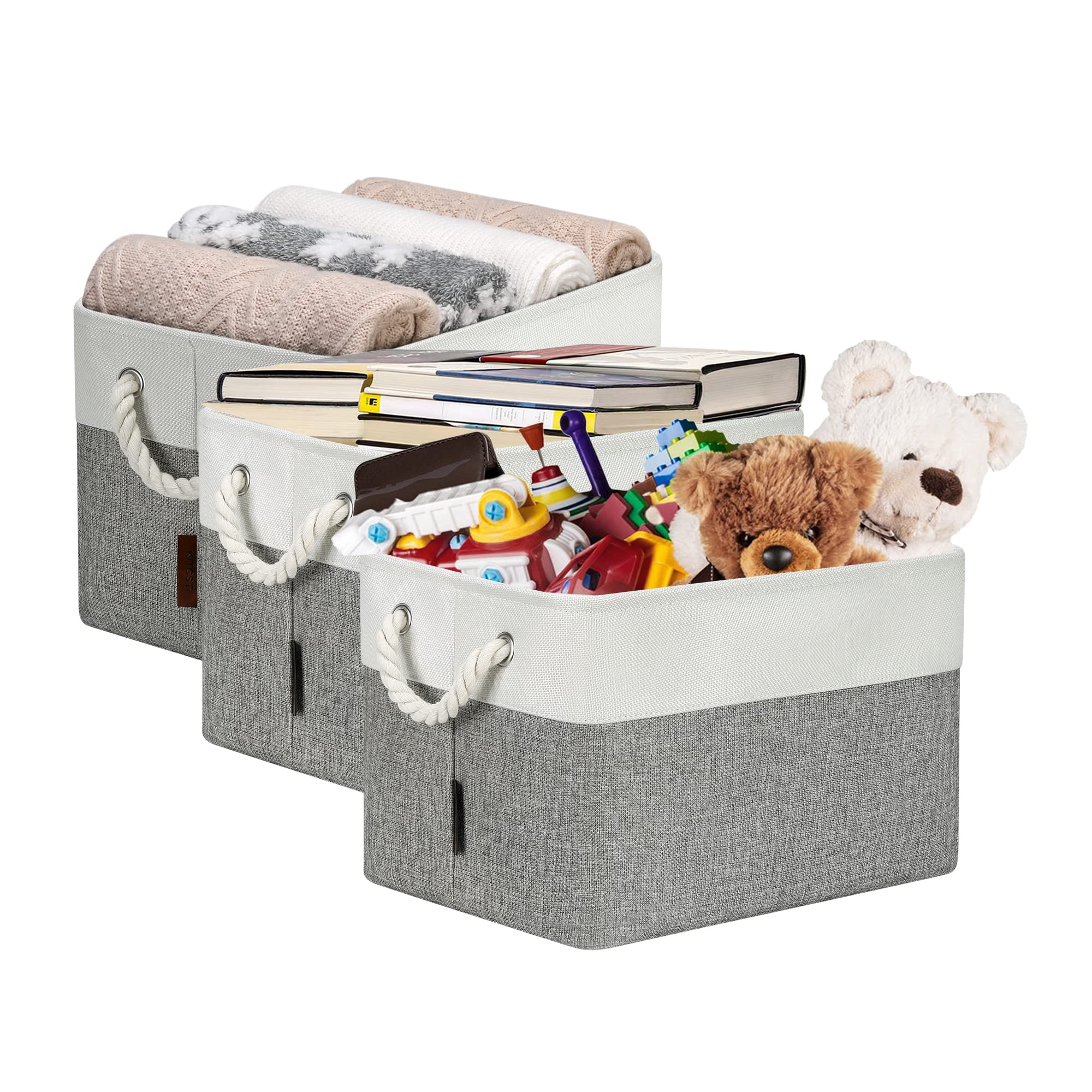 KITCSTI Storage Baskets for Organizing, Large Rectangular Storage Bin, Fabric Folding Organizer for Closet, Toys, Clothes, Home, Office, 15x11x9.5Inches (White&Grey, Pack of 3)