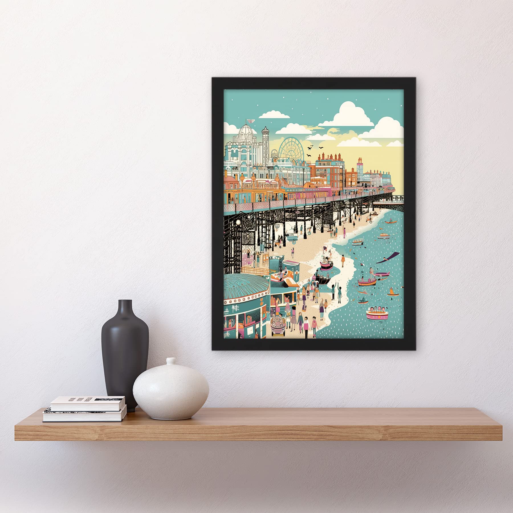 Artery8 Brighton Beach Pier and Sandy Summer Scene Artwork Framed A3 Wall Art Print, Framed Black A3, 45.5L x 33W cm - Image 2