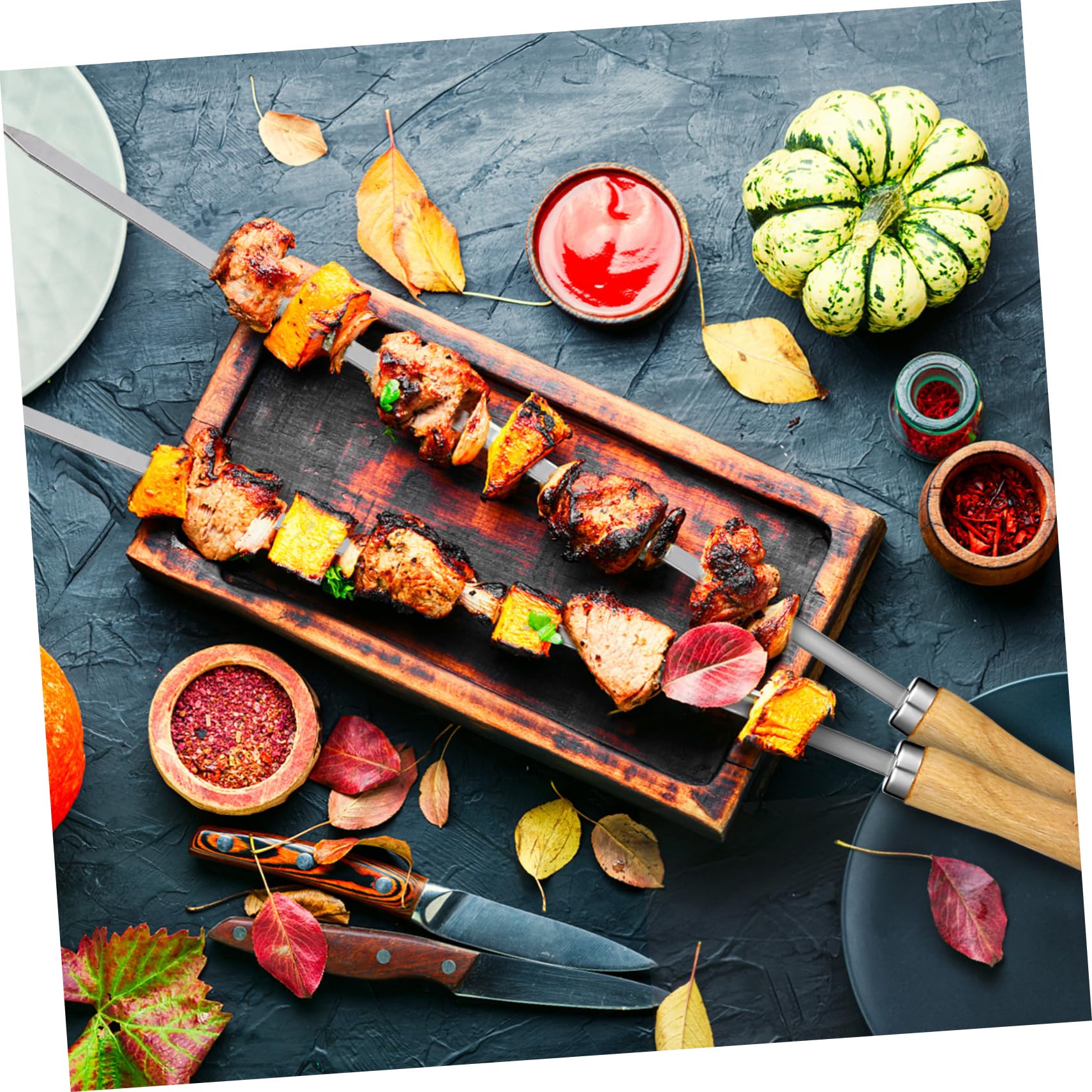 Spiedini Barbecue in Acciaio Inox 8 Pezzi, Doppia Punta | Barbecue Meat Skewer, Kabob Skewer, Serving Skewer, Festa Estiva, Borsa con Coulisse Colore Casuale