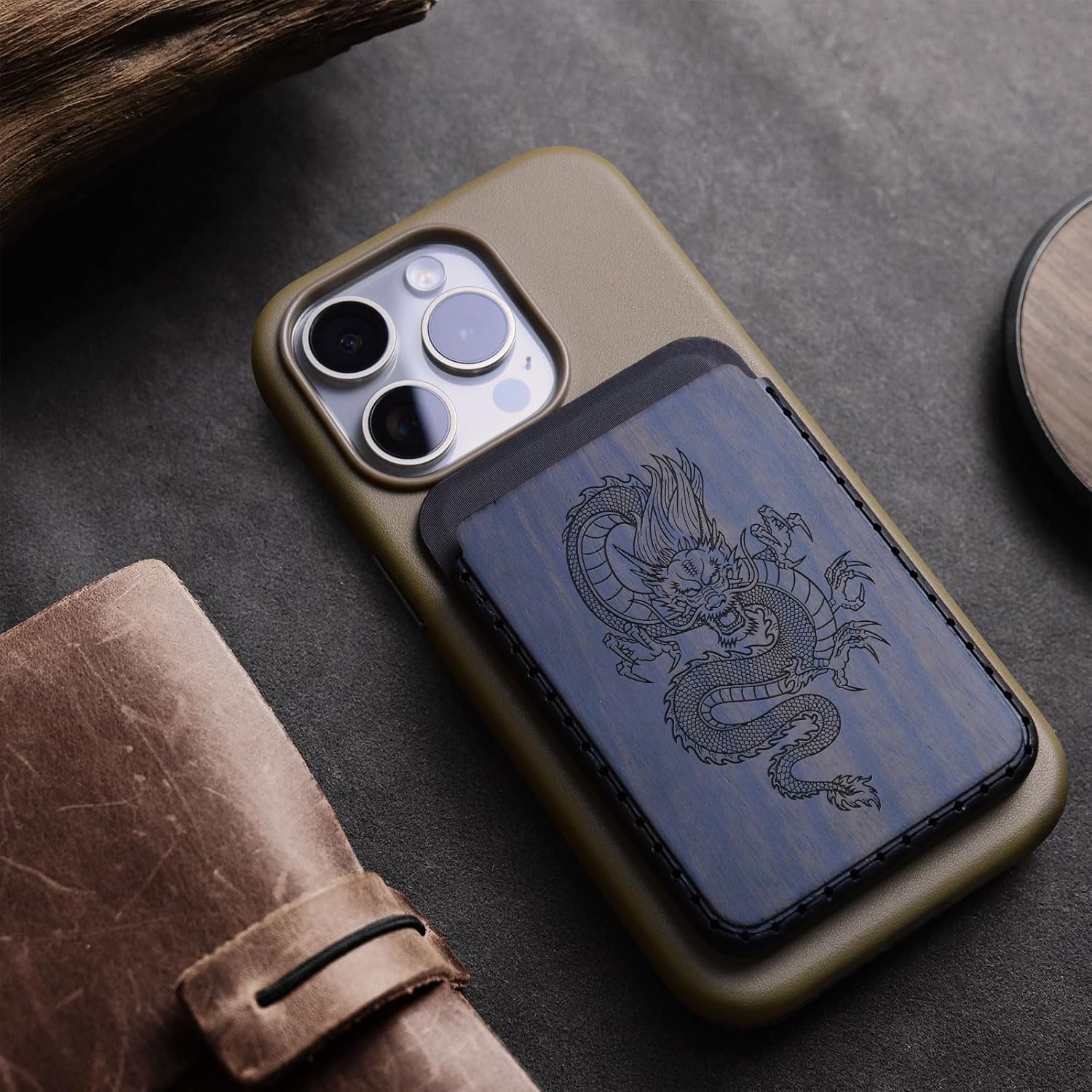 Carveit Designer Wood Wallet, Compatible with MagSafe Wallet, Magnetic Card Holder for iPhone 12/13/14/15/16 Pro Max, for Galaxy S22/S23/S24 Ultra, Pixel 7/8/9 Pro (Oriental Dragon - Black Wood)