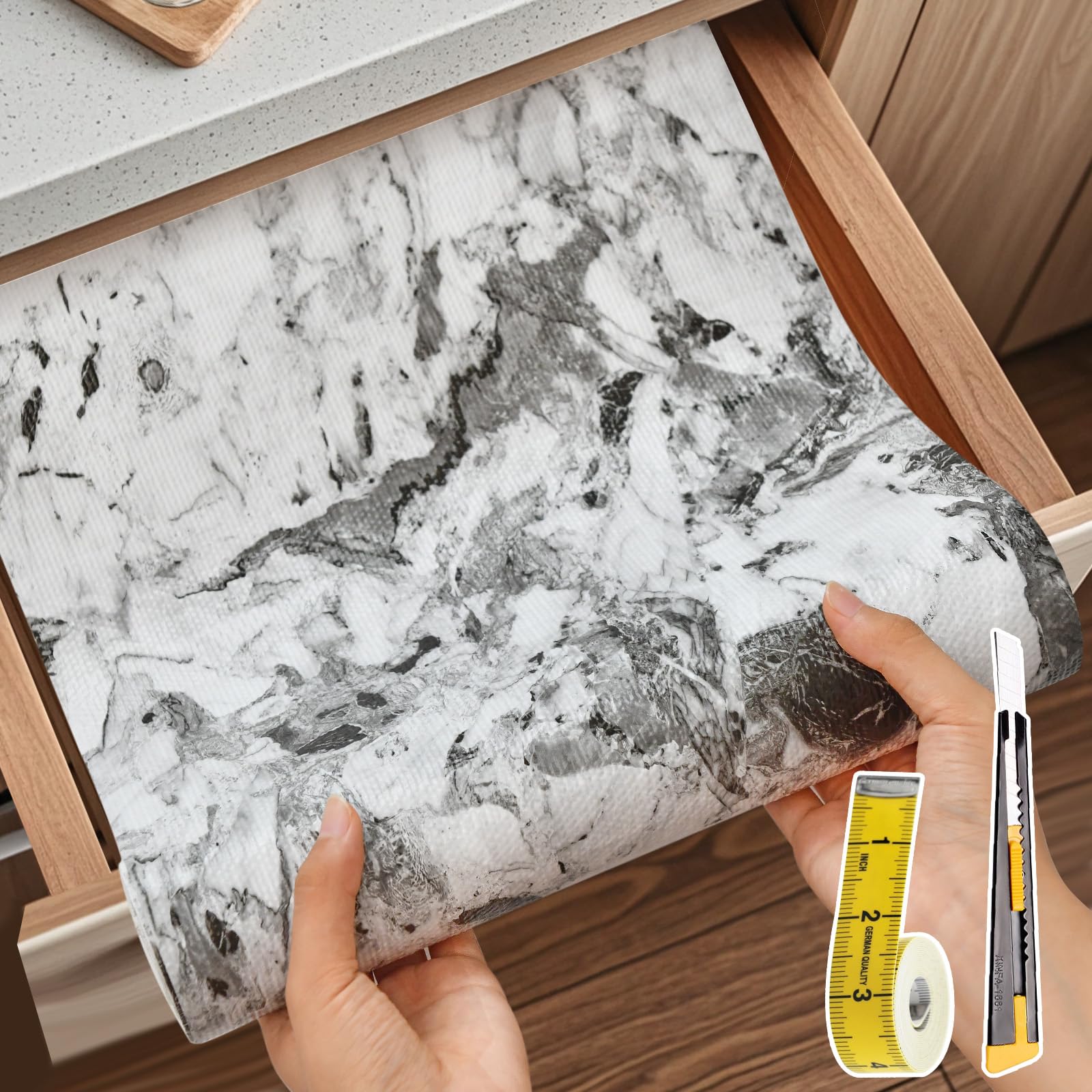 Revestimiento para cajones y estantes para armario de cocina: 17 pulgadas x 20 pies, antideslizante, impermeable, papel no adhesivo, forro de mármol gris y blanco, fácil de revestir para baño con