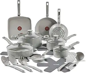 T-Fal Refresh Ceramic Nonstick Cookware Set, 20-Piece, Made without PFOA and PTFE, Oven and Broiler Safe up to 350°F, Includes Stockpot, Griddle, Frying Pans, and Utensils, Pots and Pans, Moon Grey