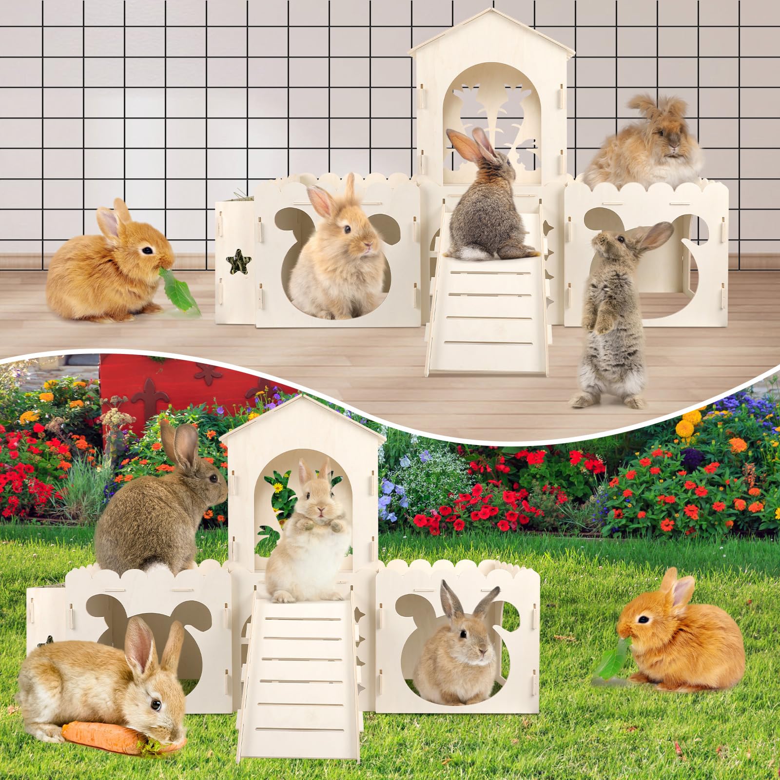 Extra Large Rabbit Castle, Wooden Bunny House & Hay Feeder, Detachable Rabbit Hideaway, Indoor Rabbit Castle with Ramp, Small Animal Houses & Habitats - image 6