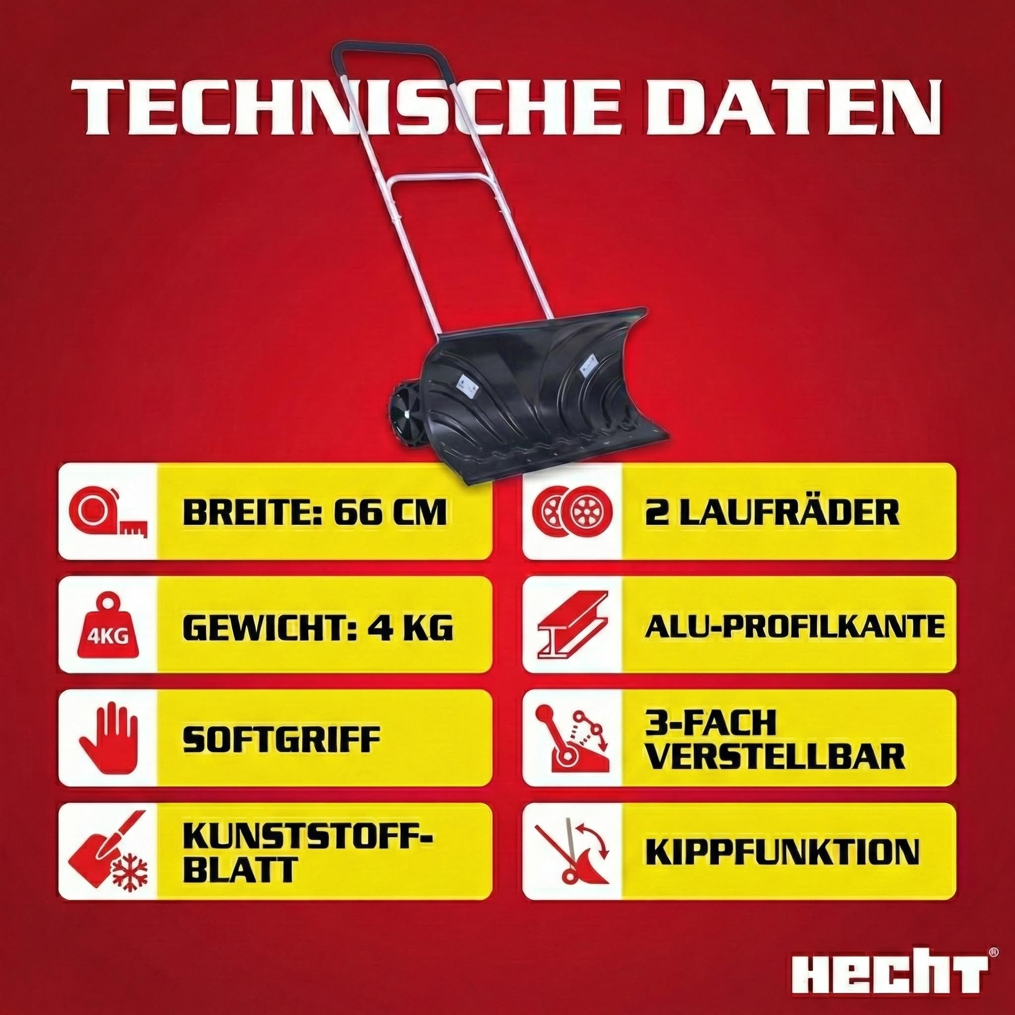 HECHT Großer Schneeschieber mit ergonomischem Stahlstiel – Schiebekante mit Stahlprofil – Schaufel im Winter perfekt – Profi Schneeschaufel mit Rädern jetzt günstig kaufen