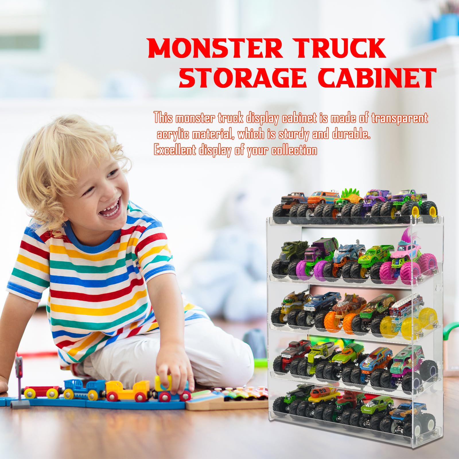 AAiphuwew Acrylic Monster Trucks Display Case - Holds Up to 25 Car Collectibles, Clear 5 Tiers Toy Truck Cars Display Storage Organizer Tire Shelf