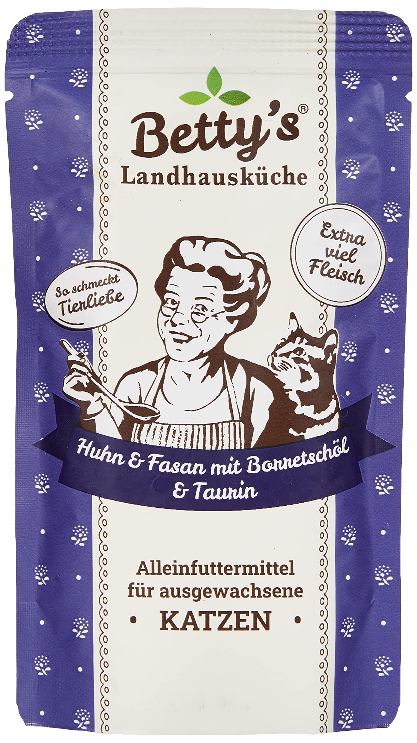 Betty's Landhuiskeuken, vershoudzakjes, natvoer voor katten, kip en kalf met borage olie, 12 x 100 g, graanvrij, beste kwaliteit, hoogwaardig vlees, voorzichtig gegaard, hoge biologische