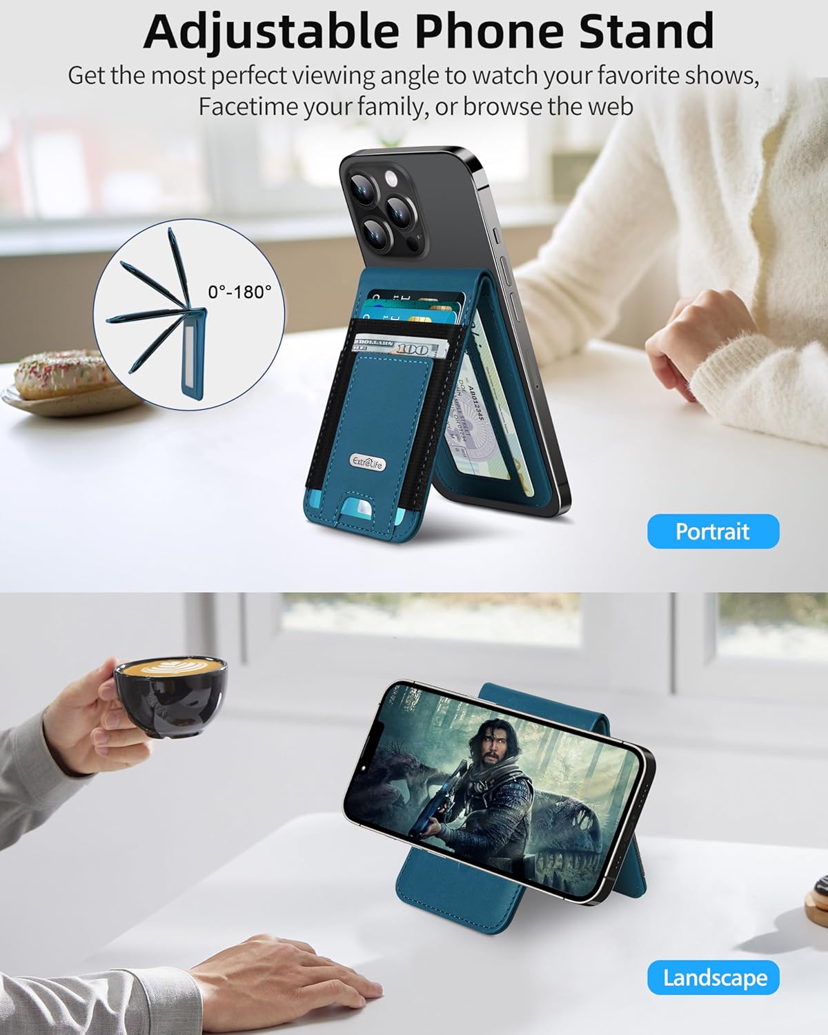 For Magsafe Wallet Stand, Strongest Magnetic Phone Wallet, Leather Magnetic Card Holder Wallet for iPhone 17/16/15/14/13/12 Series, ID Window, 4 Card Slots, Hold 10 Cards, RFID Blocking, Blue - Image 2