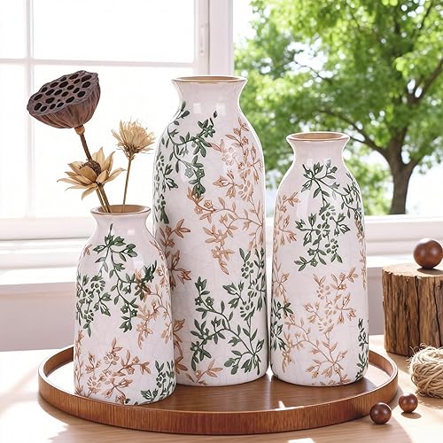 Ceramic Vase Set of 3, Vintage Green and Beige Vases Set, Flower Rustic Chinoise