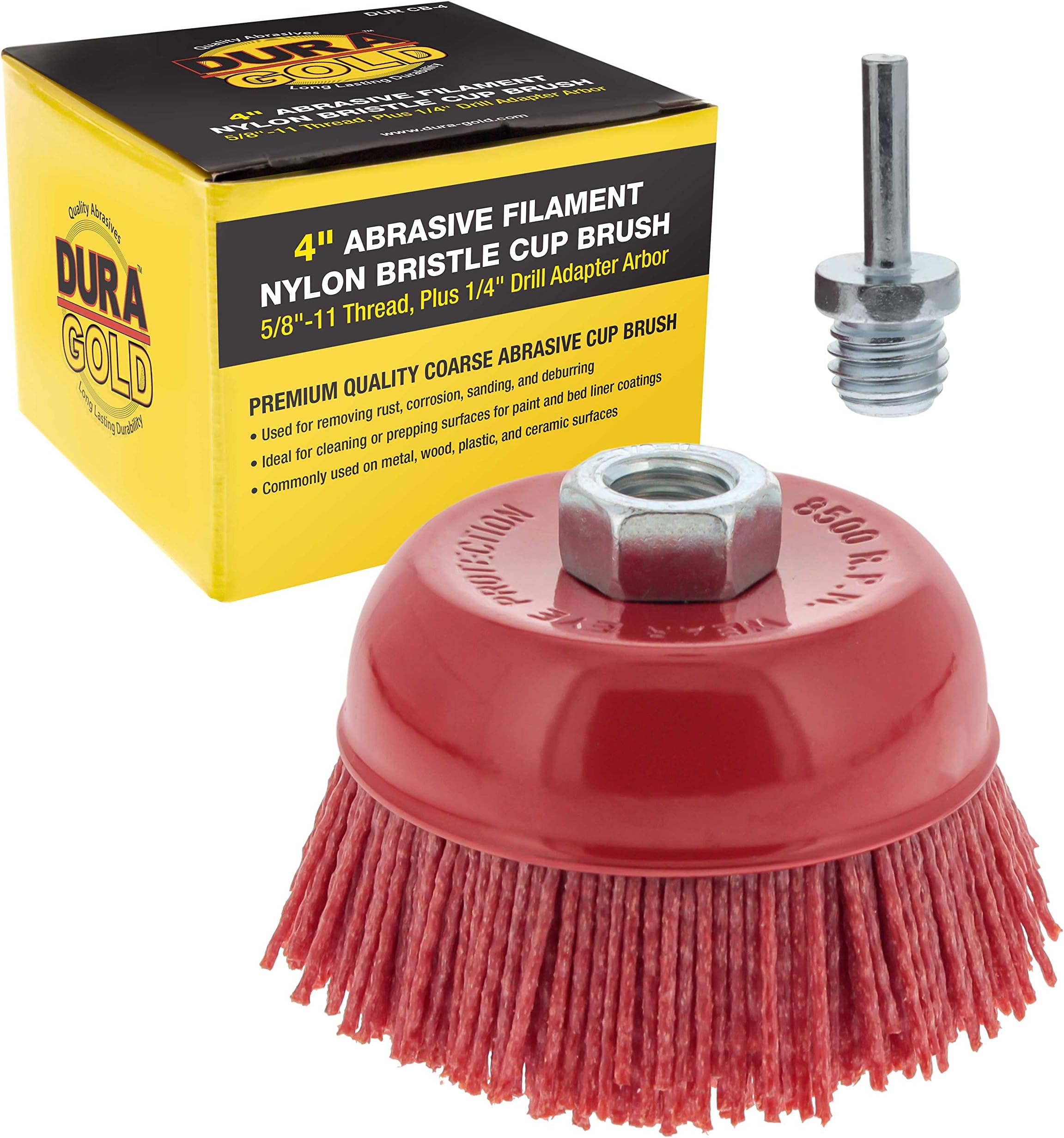 - Dura-Gold 4" Abrasive Filament Nylon Bristle Cup Brush - 5/8" 11 Thread, 1/4" Hex Drill Shank Arbor, Coarse Grit Angle Grinder Brush for Truck Bed Liner Surface Prep, Sanding, Rust & Paint Removal