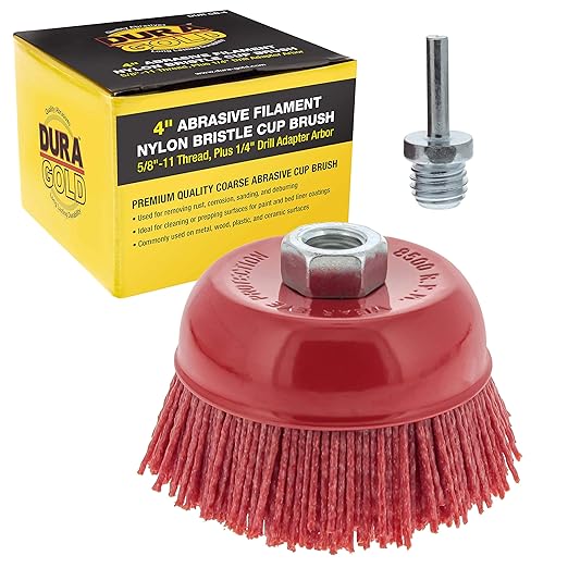 Dura-Gold 4" Abrasive Filament Nylon Bristle Cup Brush - 5/8" 11 Thread, 1/4" Hex Drill Shank Arbor, Coarse Grit Angle Grinder Brush for Truck Bed Liner Surface Prep, Sanding, Rust & Paint Removal