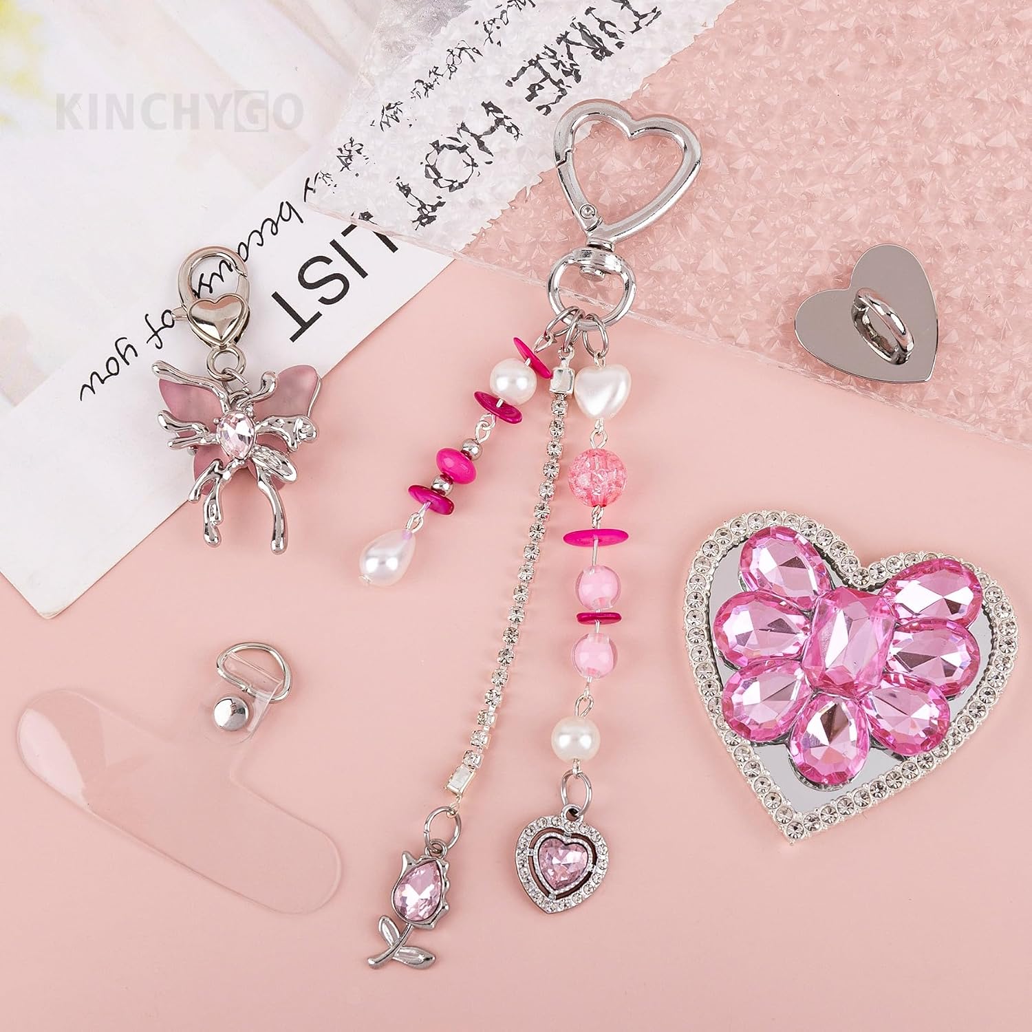 Cute Charms Set for E-Reader Including Plug Charm Heart Rhinestone Decorative Patch Bling Keychains