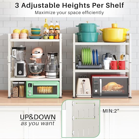 Microwave Stand, 3-Tier Expandable(17.4-27.4) Microwave Oven Rack, Heavy Duty Adjustable Shelf with 9 hooks, Kitchen Organizer Storage Shelves for Pantry, Countertop, Coffee Bar, Office, Dorm, White