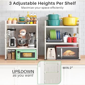Microwave Stand, 3-Tier Expandable(17.4-27.4) Microwave Oven Rack, Heavy Duty Adjustable Shelf with 9 hooks, Kitchen Organizer Storage Shelves for Pantry, Countertop, Coffee Bar, Office, Dorm, White