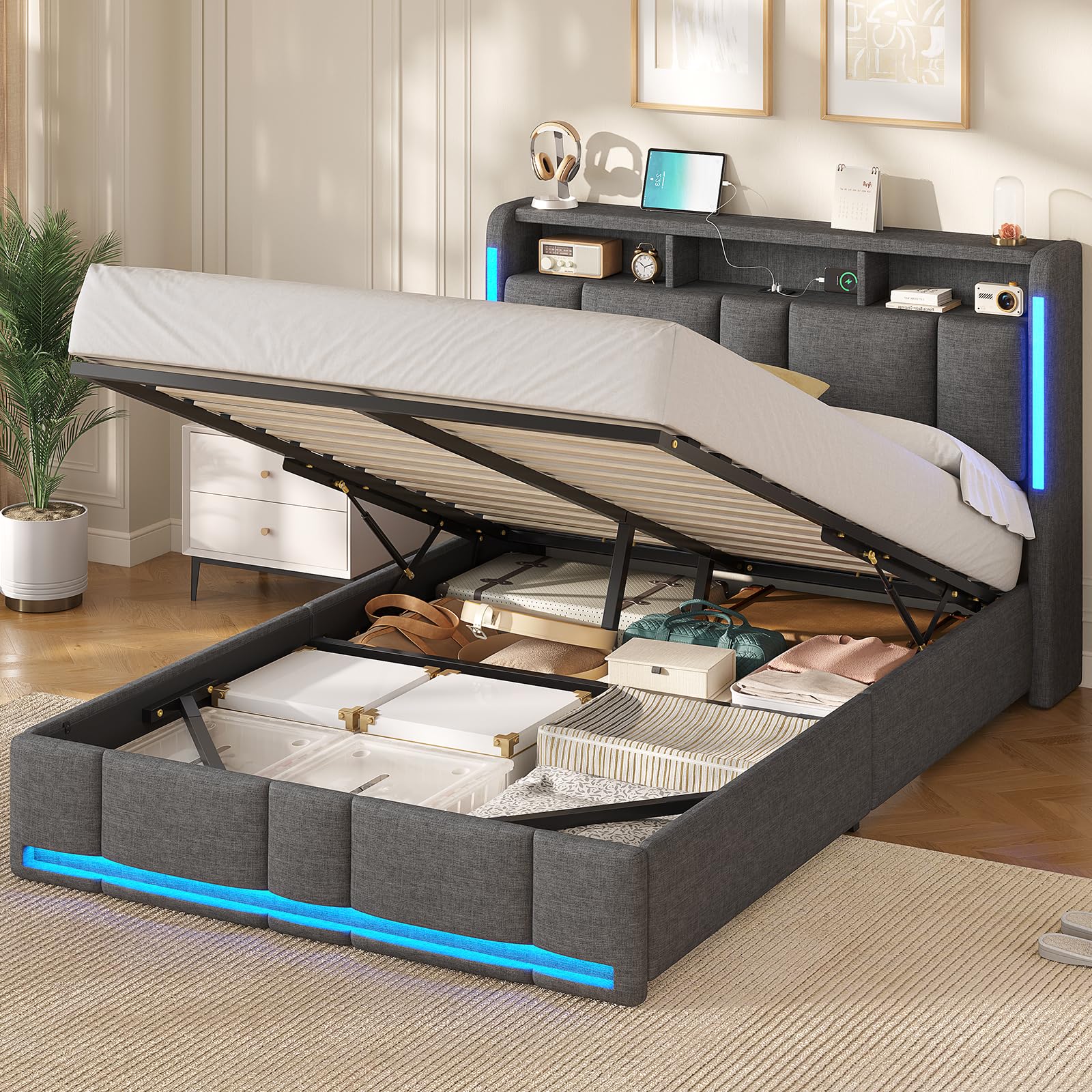 AOGLLATI Letto 140x190 cm con Sollevamento Idraulico, Letto Contenitore Matrimoniale con Illuminazione a LED e Stazione di Ricarica, Struttura Letto Matrimoniale con Testiera Imbottita, Grigio Scuro