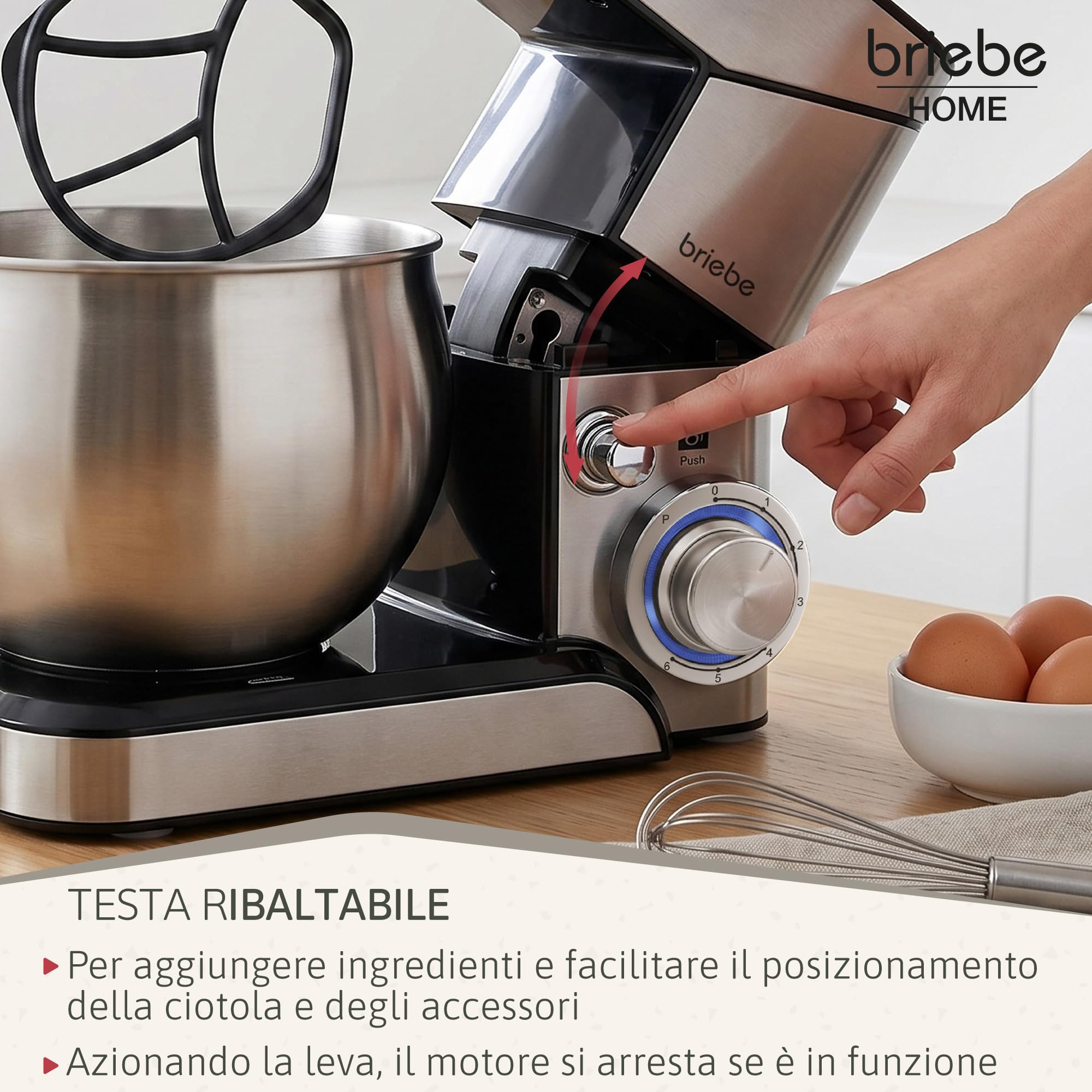 briebe Impastatrice Planetaria Professionale per Pasticceria 1800W MAX, Robot da Cucina Orbitale, Frusta, Gancio Impastatore, Ciotola 5 L, 6 Velocità + Funzione Pulse, Inox KM1114