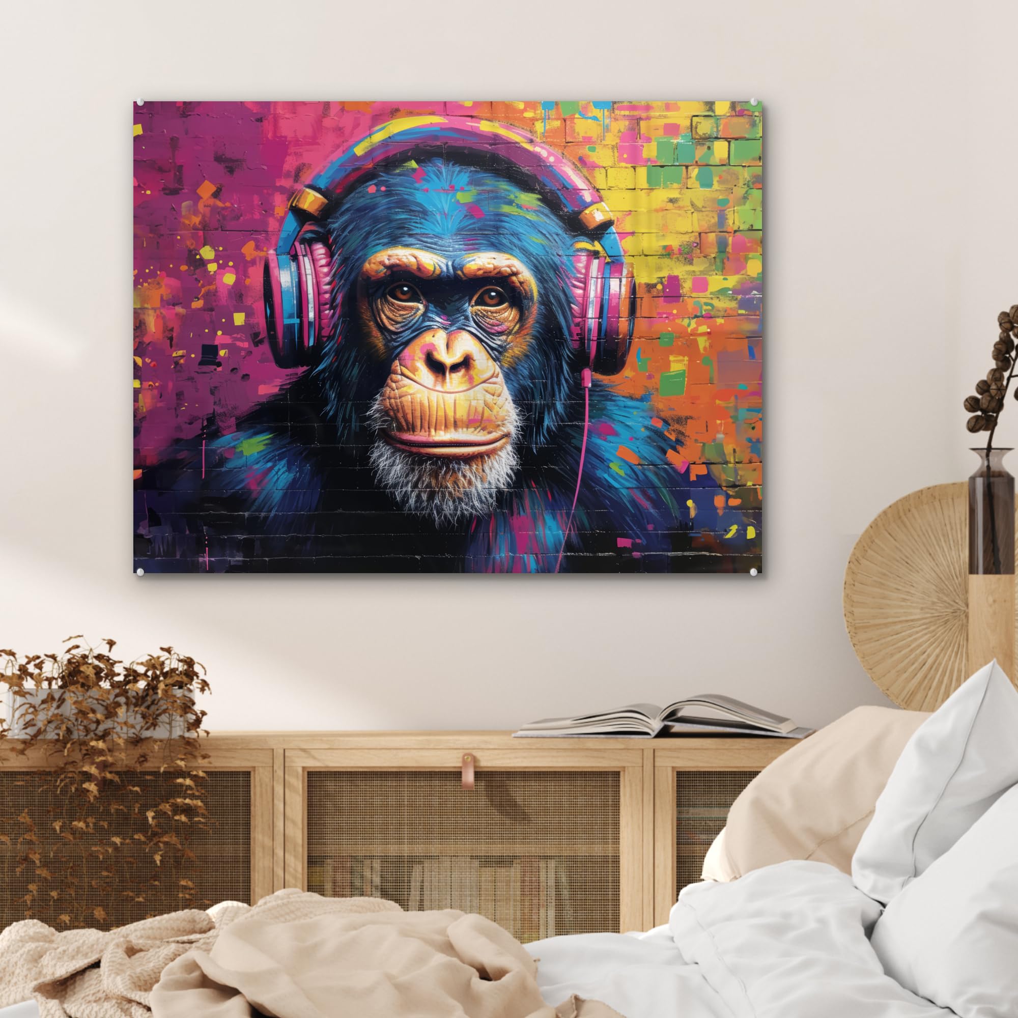 MuchoWow© Bild auf Glas 80x60 cm Schlafzimmer Bilder Badezimmer Wand Deko Wohnzimmer Modern Wanddeko Bilderwand Geschenk Graffiti - Schimpanse - Streetart - Kopfhörer - Affe