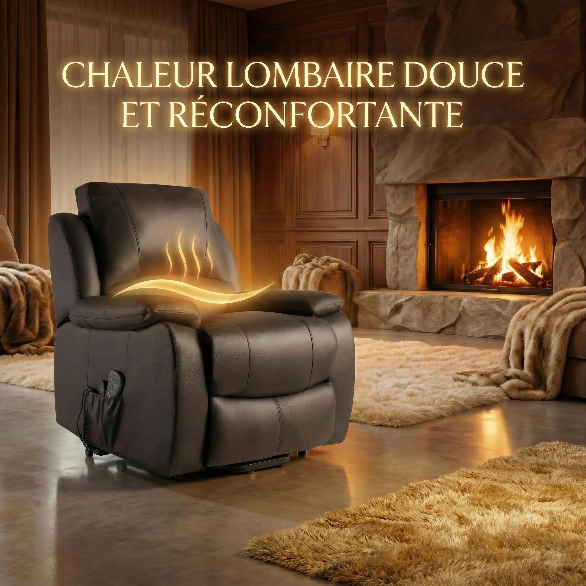 ECODE Fauteuil Releveur Électrique en Cuir de Vachette avec Massage et Chaleur Lombaire - Inclinaison 160° et Fonction Aide au Lever - Relax Idéal pour Personnes Âgées