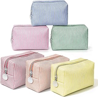 6 Pcs Seersucker Makeup Bags Bulk for Women, Cute Travel Cosmetic Bag Set, Stripe Toiletry Pouch Preppy Aesthetic Organizer Storage Pouch for Girls Wedding Bridesmaid Bride Favor Mom Gift (Multicolor)