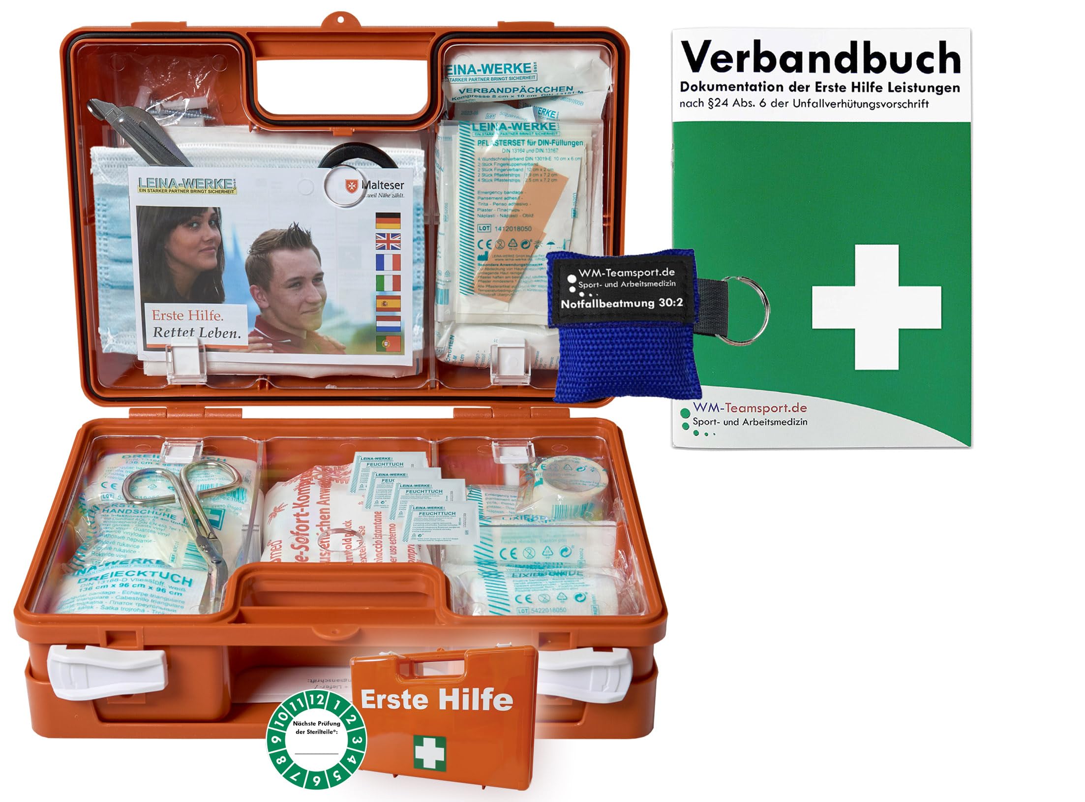 Verbandskoffer/Verbandskasten (K) Typ N - Erste Hilfe nach aktueller DIN 13157 für Betriebe -DSGVO- INKL. PERFORIERTEM VERBANDBUCH + Notfallbeatmungshilfe