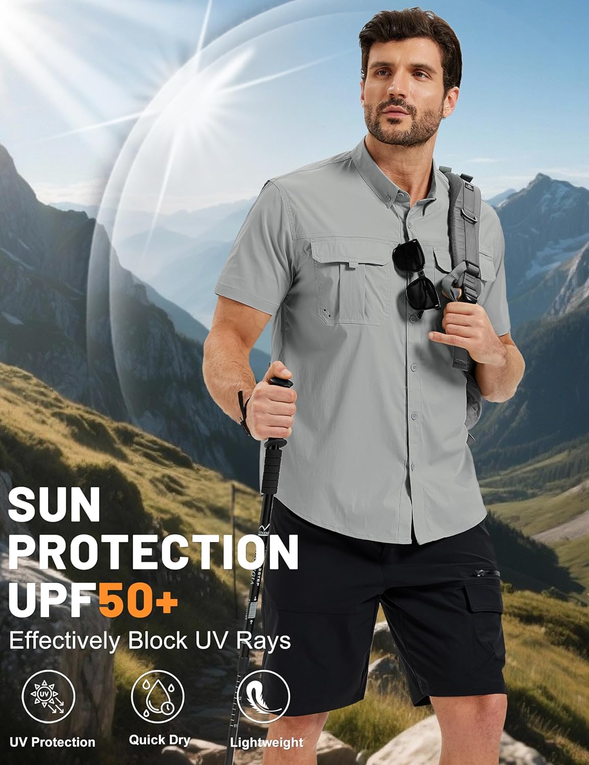 TACVASEN Men's Fishing Shirt with Pockets UPF50 Quick Dry Breathable Short Sleeve Button Down Sun Shirt for Work Tactical