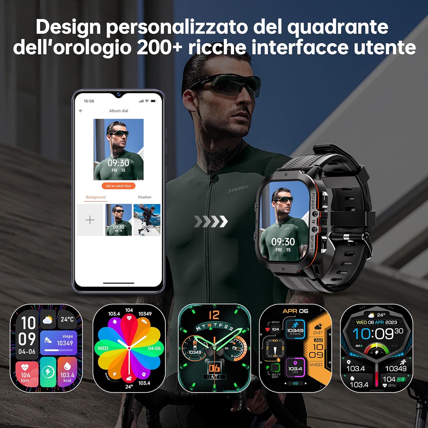 OUKITEL BT20 Smartwatch showing sports modes with a cyclist in the background