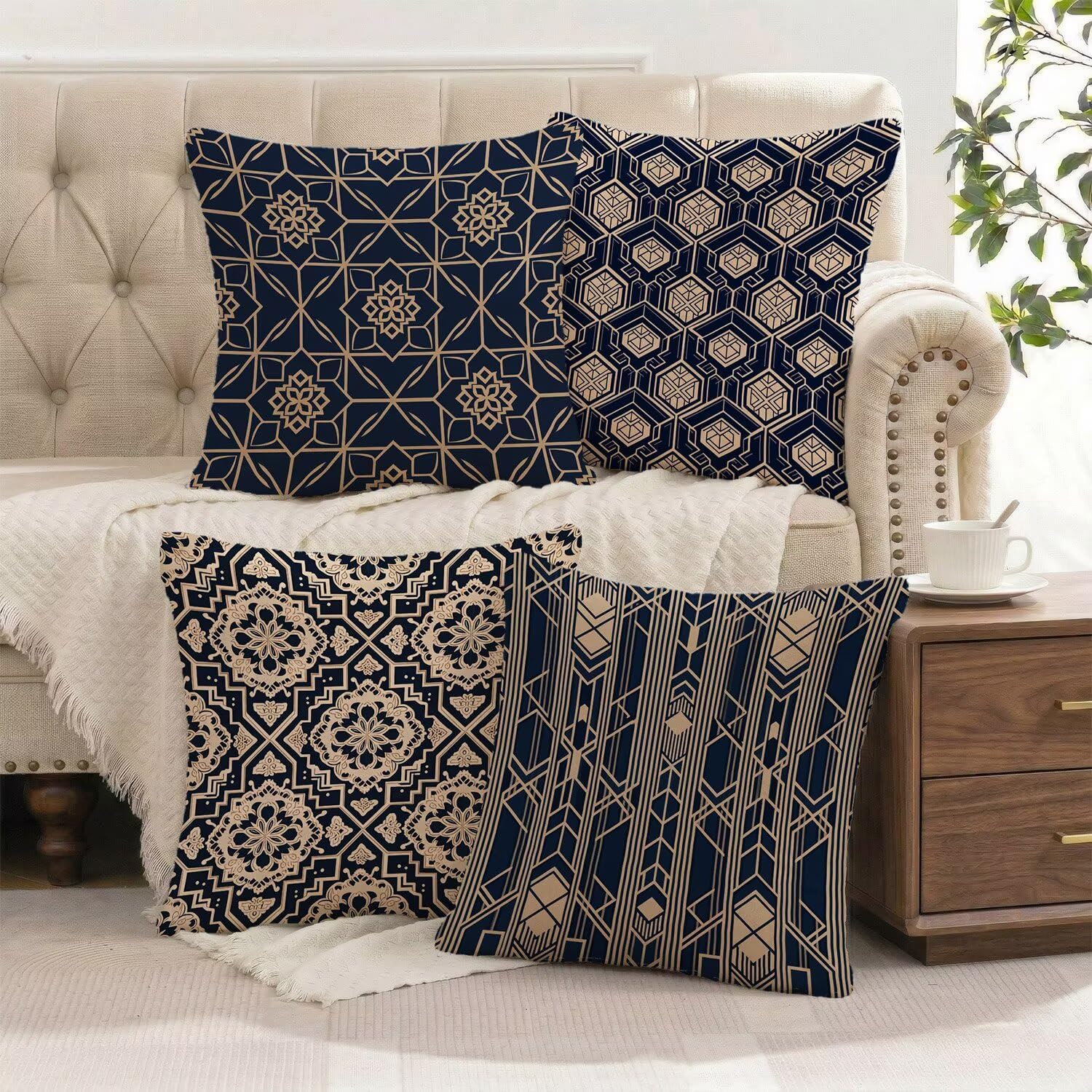 Poduszka outdoorowa, wodoszczelna, zestaw 4 poszewek na poduszkę w stylu boho 65 x 65 cm, krótkie, pluszowe, kwadratowe, na kanapę, na sofę, taras, meble ogrodowe, balkon, do salonu, dekoracja retro