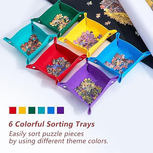 Miniatura 2 de Lavievert Tapete enrollable para rompecabezas con 6 bandejas de clasificación de colores, almacena y transporta rompecabezas de hasta 2000 piezas,