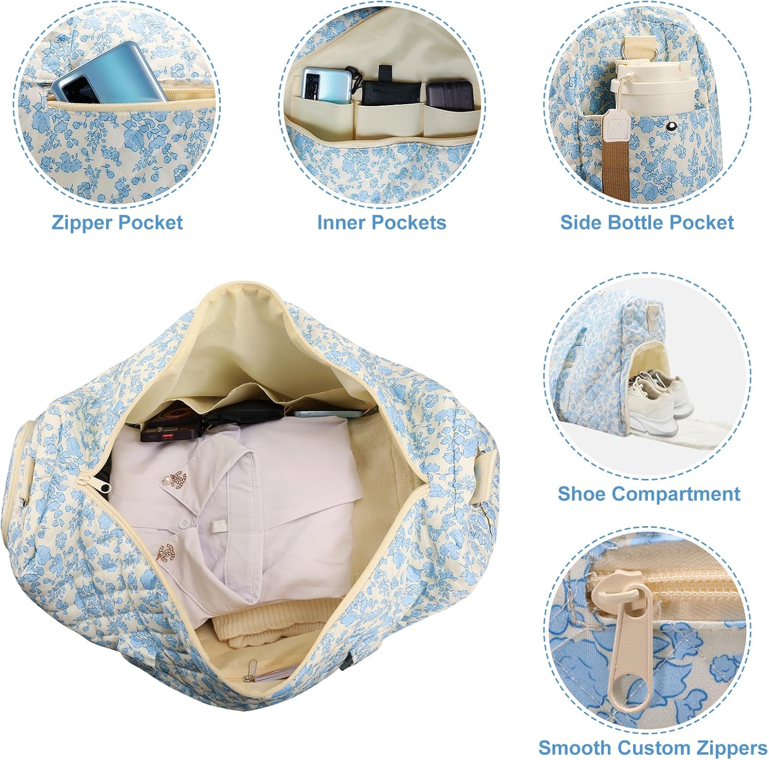 Large Weekender Quilted Travel Bags - Floral Quilted Duffle Bag, Hospital Bag for Women Labor Delivery, Travel Duffel Bag with Shoe Compartment, Gym Tote Bags with Dry and Wet Separation (Set of 2) - Image 5