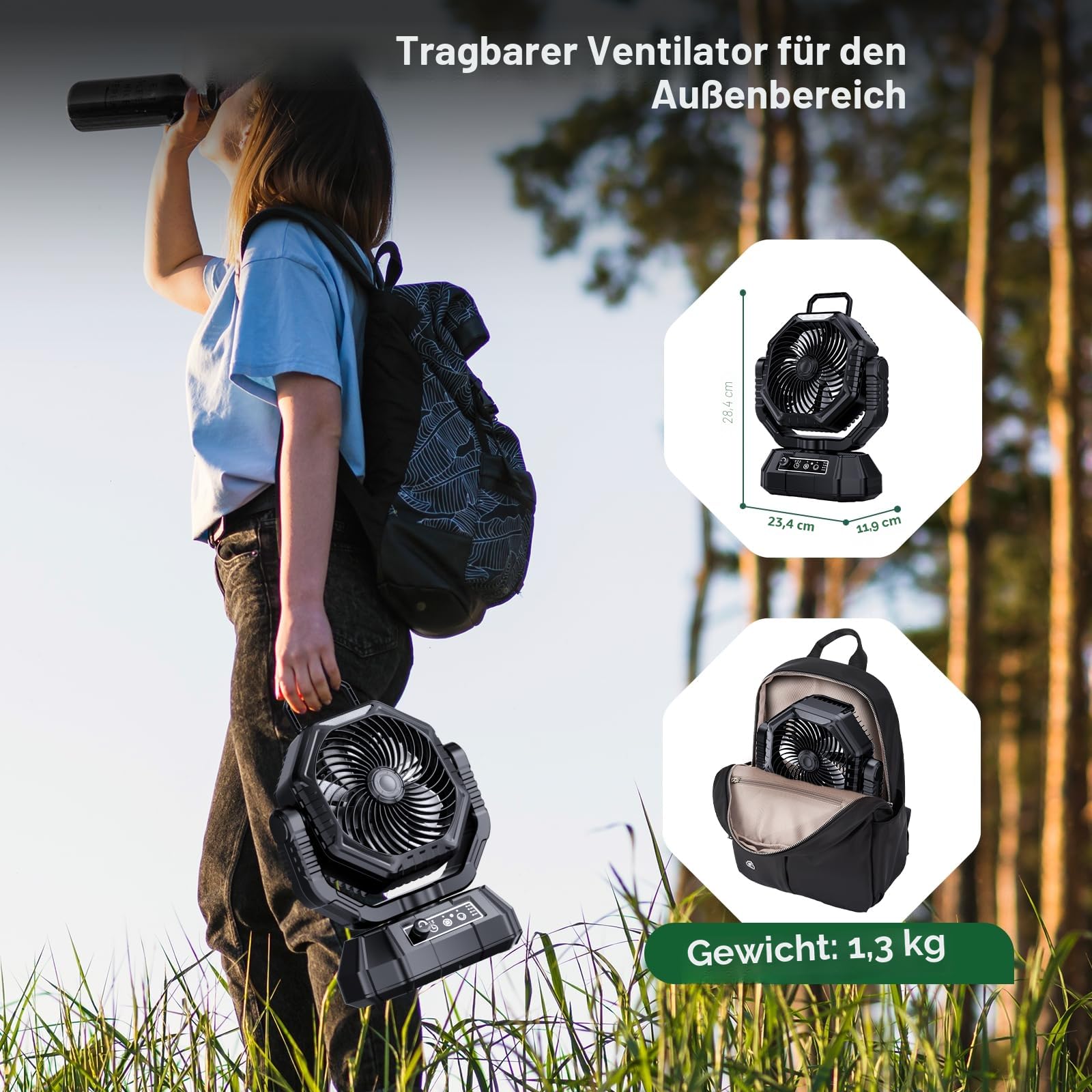 AJVV Camping Ventilator 20000mAh Akku Ventilator mit Fernbedienung LED Licht 270° Drehung Tischventilator