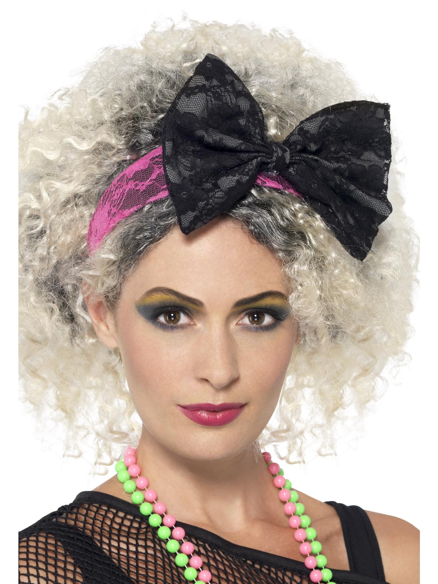 Smiffys 80s Lace Headband, Black & Pink , 1980's Fancy Dress, 1980s Dress Up Accessories