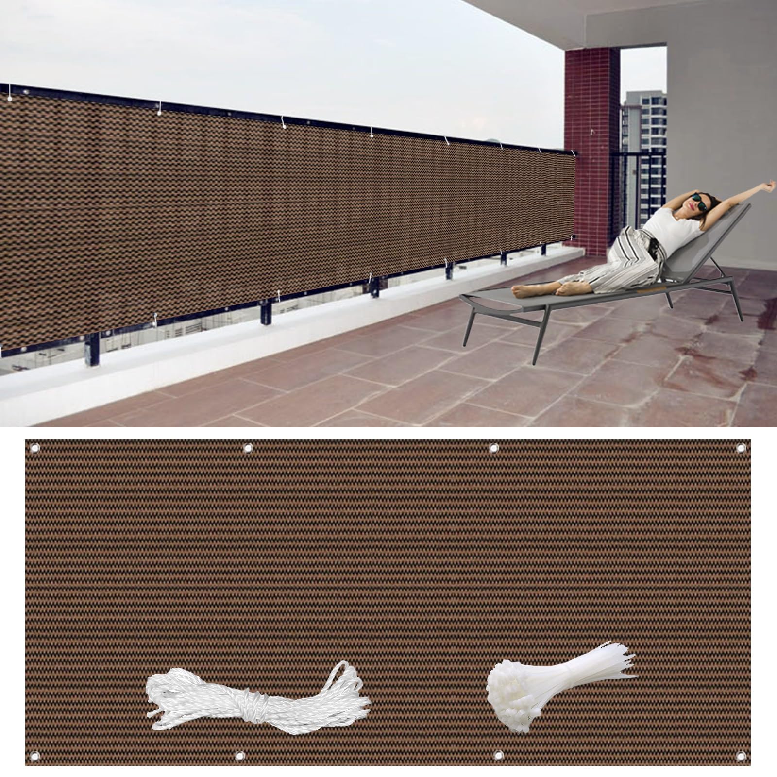 Telo Privacy Ringhiera 105 x 600 cm Copri Ringhiera Esterno, Telo Copribalcone, Rete Telo Ombra HDPE da 220G/M², con Occhielli Corde e Fascetta per Balcone e Terrazza, Marrone