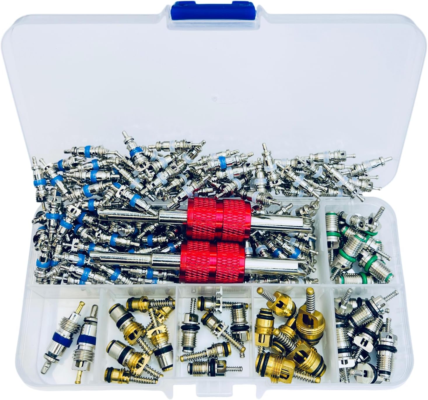 112 Pcs Air Conditioning Schrader Valve Cores for Car Home A/C Accessories R12 R134a Refrigeration Tire Valve Stem Core with Double Head Dual Dismantling Remover Installer Tool Assortment Kit