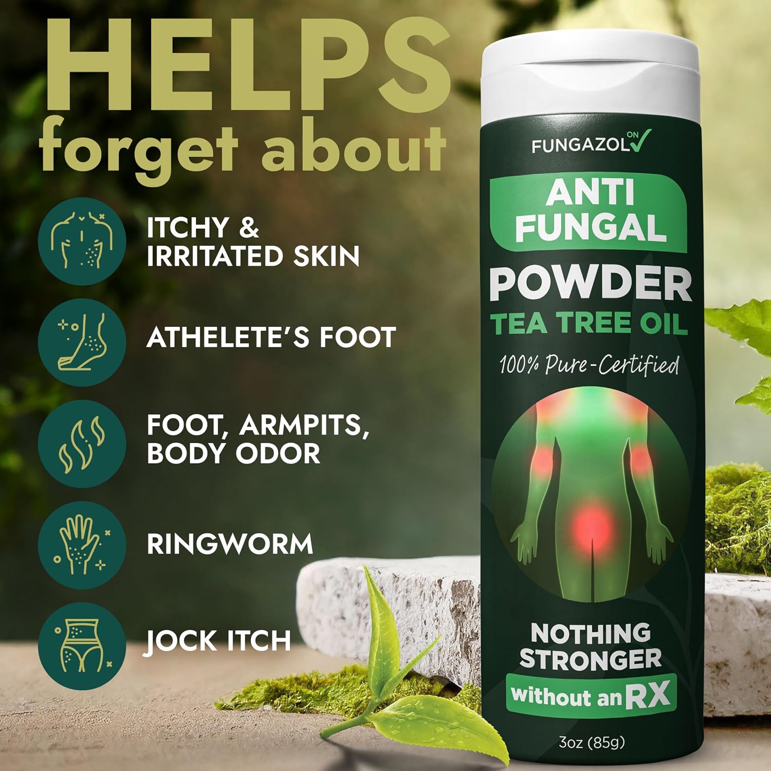 Antifungal Body Powder with Miconazole Nitrate 2% & Tea Tree Oil | Medicated Body Powder for Jock Itch, Athlete’s Foot, Ringworm & Odor | Soothes Itchy Skin | 3 oz, pack of 3