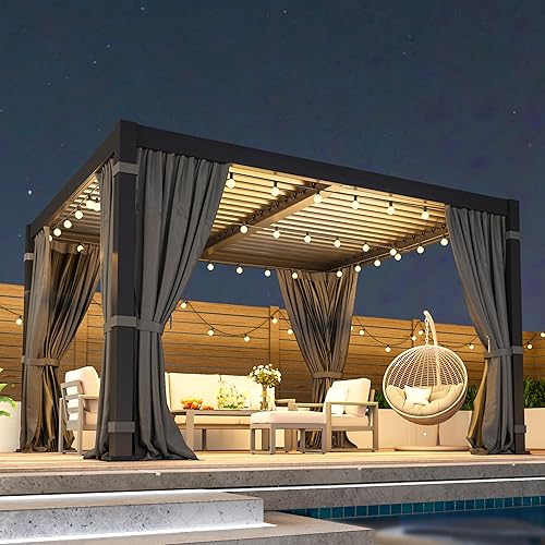 10' x 12' Louvered Pergola, Metal Outdoor Pergola with Adjustable Louvered Roof, Curtains & Netting, Patio Hardtop Gazebo with Gutter System for Deck, Garden, Yard, Dark Gray