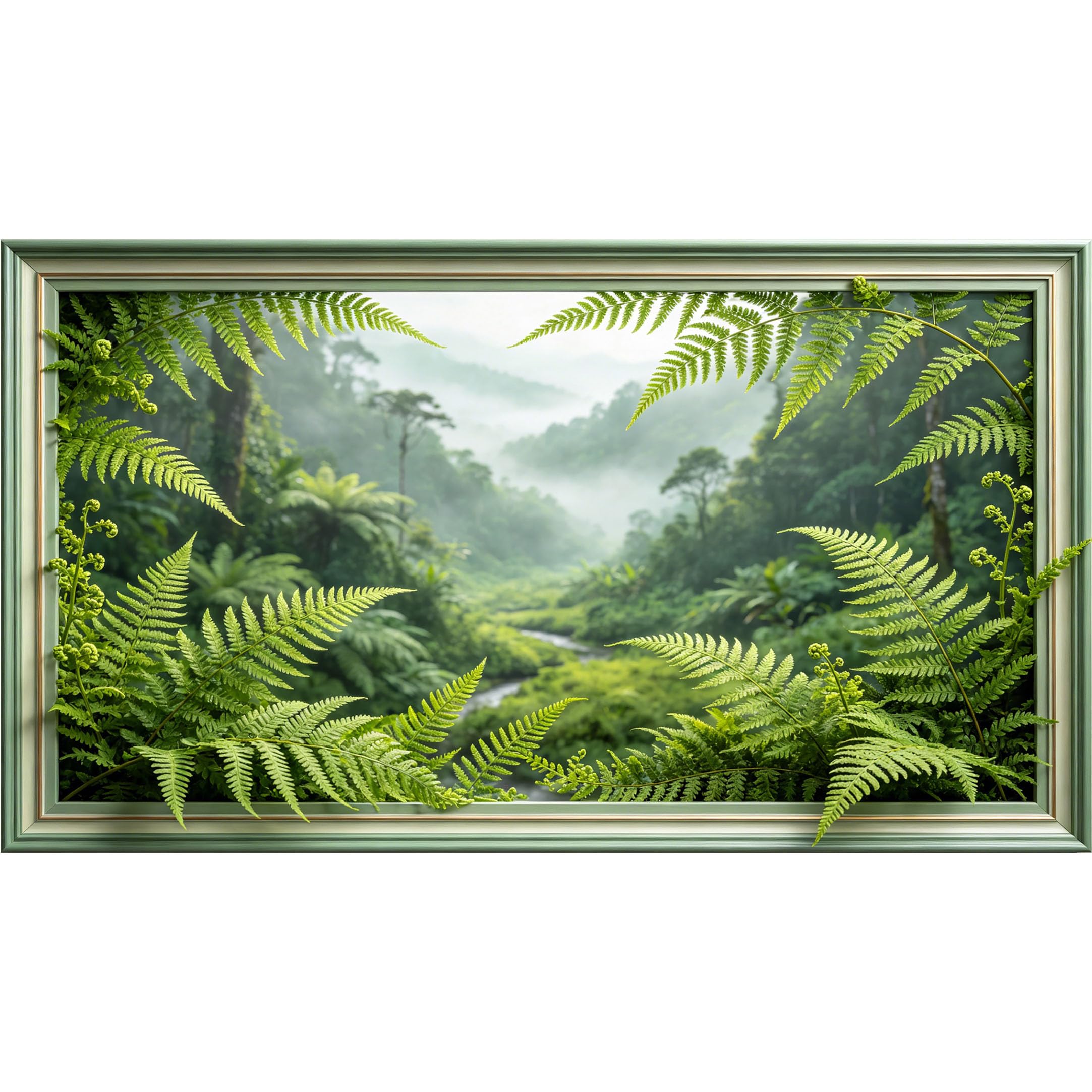 QZLITHOTIC 50×90cm3D Framed Wall Art， Tropical Rainforest Fern Leaf Landscape SelfAdhesive Mural， Water?Activated Peel & Stick Fabric Decor Wall Decal for Bedroom Living Room