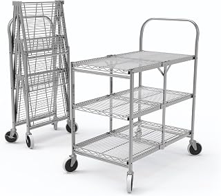 Luxor WSCC-3 Three-Shelf Collapsible Wire Utility Cart, Push Heavy Duty, 4" Thermoplastic Rubber Casters Two with Locking Brakes,Holds 300 lbs. and Folds Up for Storage, 37"W x 18.25"D x 30.5"H