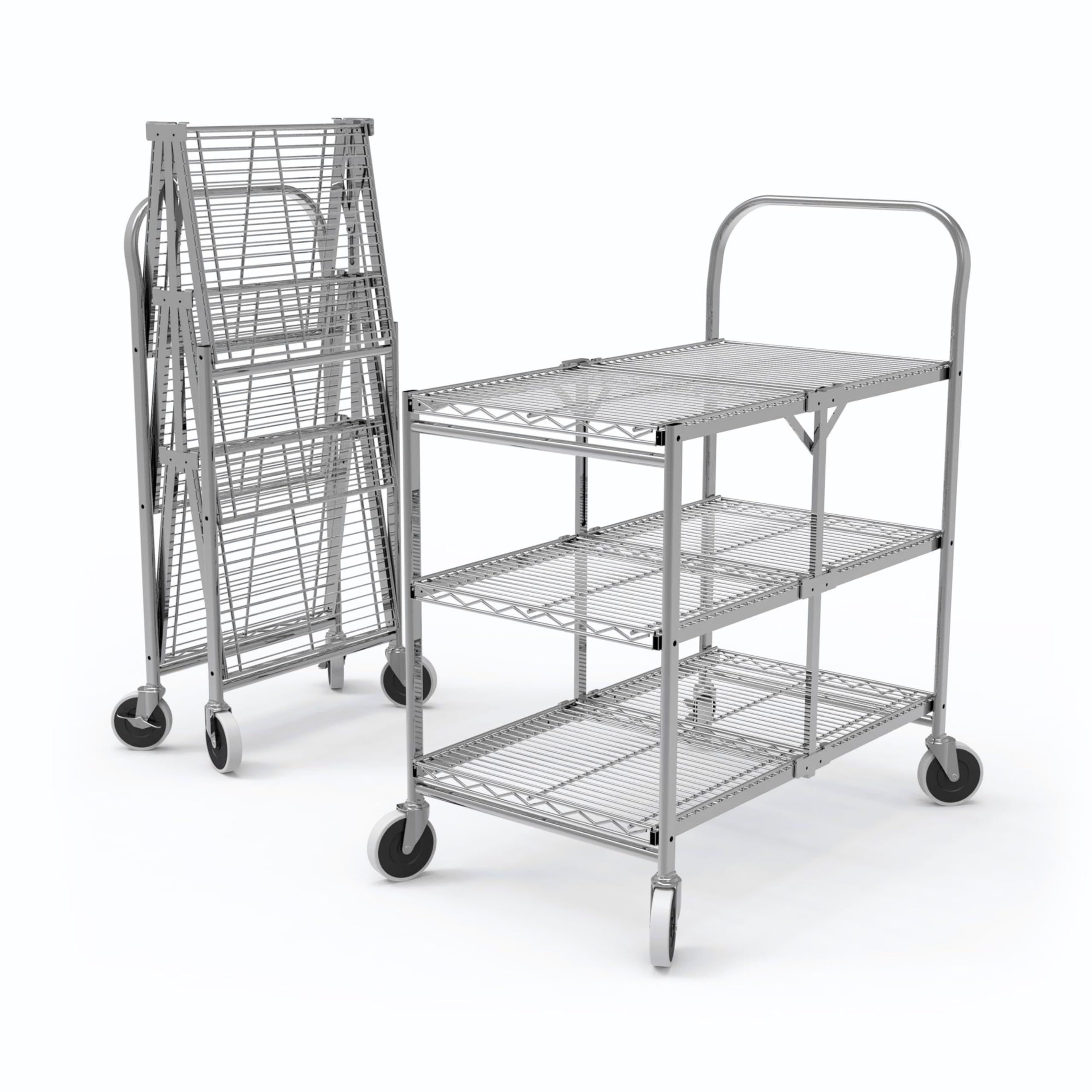 Luxor WSCC-3 Three-Shelf Collapsible Wire Utility Cart, Push Heavy Duty, 4" Thermoplastic Rubber Casters Two with Locking Brakes,Holds 300 lbs. and