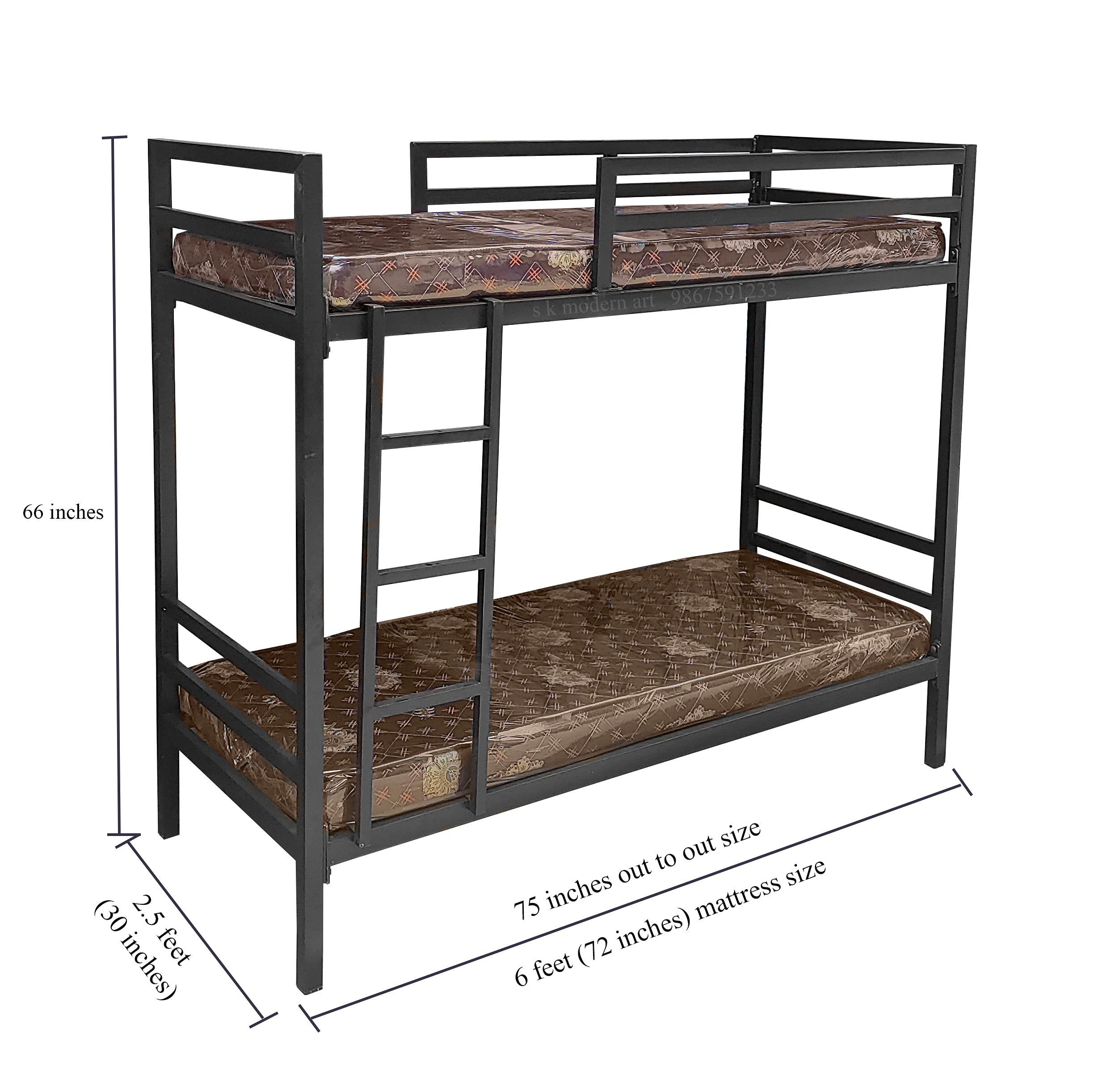 S. K. MODERN ART Bunk Bed Wrought Iron Frame Black Powder Coated (2.5 x 6 feet Without Mattress) 1