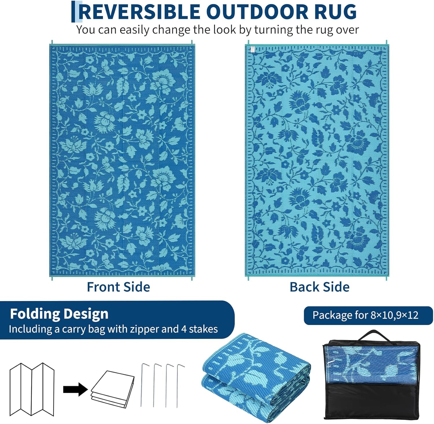 Outdoor Rug 5x8 Waterproof Patio Rugs 风格 Reversible Mat for Front Door Rv Floral Print Foldable Plastic Straw Carpet for Travel Trailers, Deck, Porch, Camper, Balcony, Beach，Green Blue