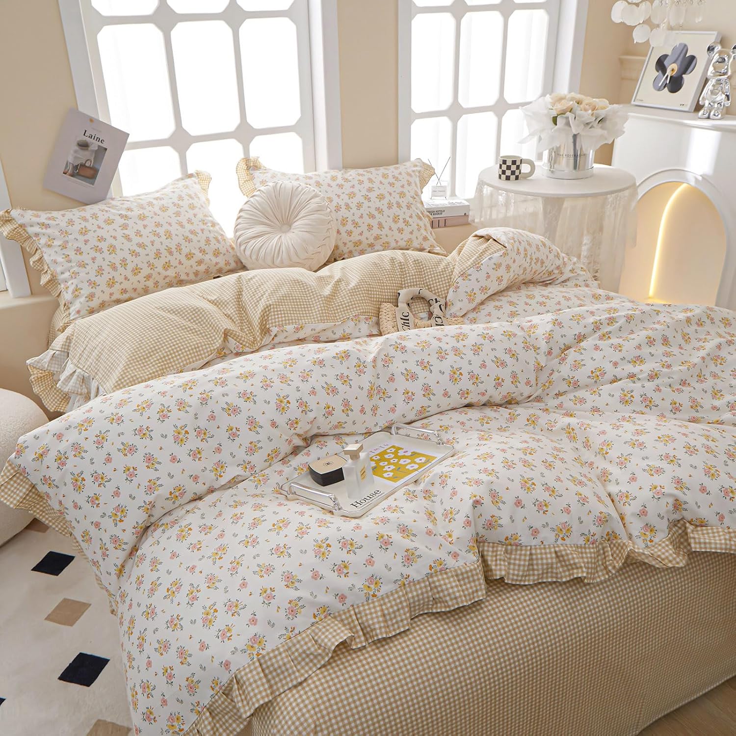 Floral Queen Duvet Cover Set Ruffle Coquette Comforter Cover Queen Size Cute Boho Lightweight Gingham Duvet Cover Set with 2 Pillow Cases Cotton Cozy Queen Bedding Aesthetic Duvet Protector