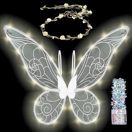 Funcredible Fairy Costume Accessories - Orange Light Up Fairy Wings and Flower Crown, Glitter