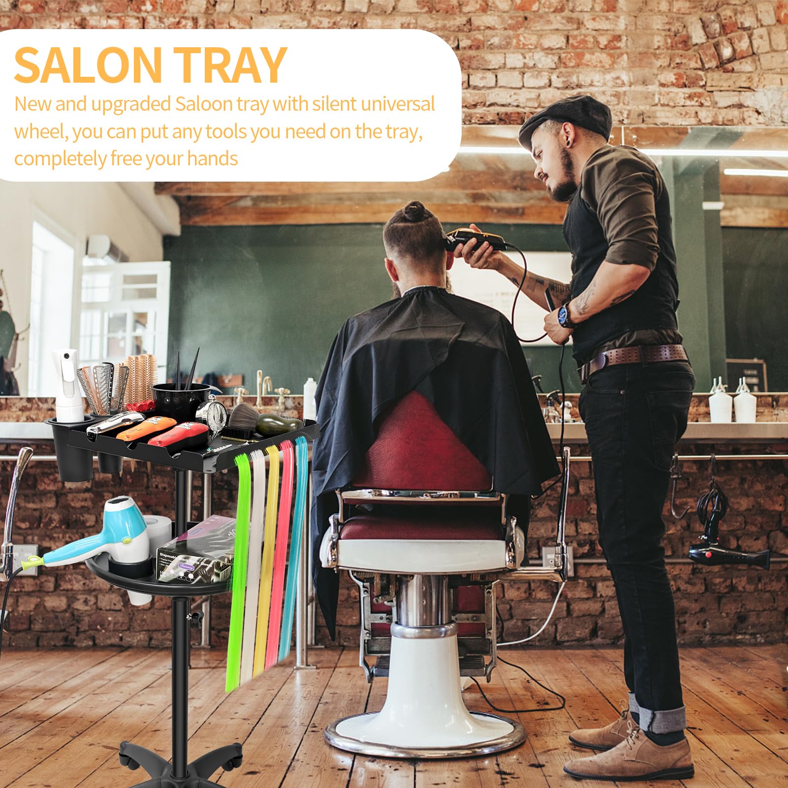 Salon Rolling Tray, Double Tray Salon Station on Wheels for Barber&Salon Supply Storage, Hair Extension Tray, Metal Hairdressing Tray for Hair Salon, Barber, Hair Coloring, Hairstylist, Tattoo Tray