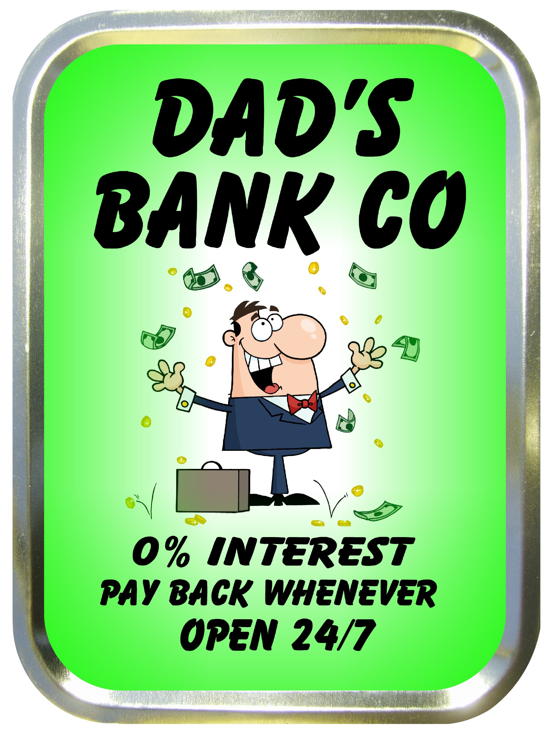 DAD'S BANK CO NOVELTY 2oz TOBACCO TIN,PILL BOX,BACCY TIN,GOLD TIN