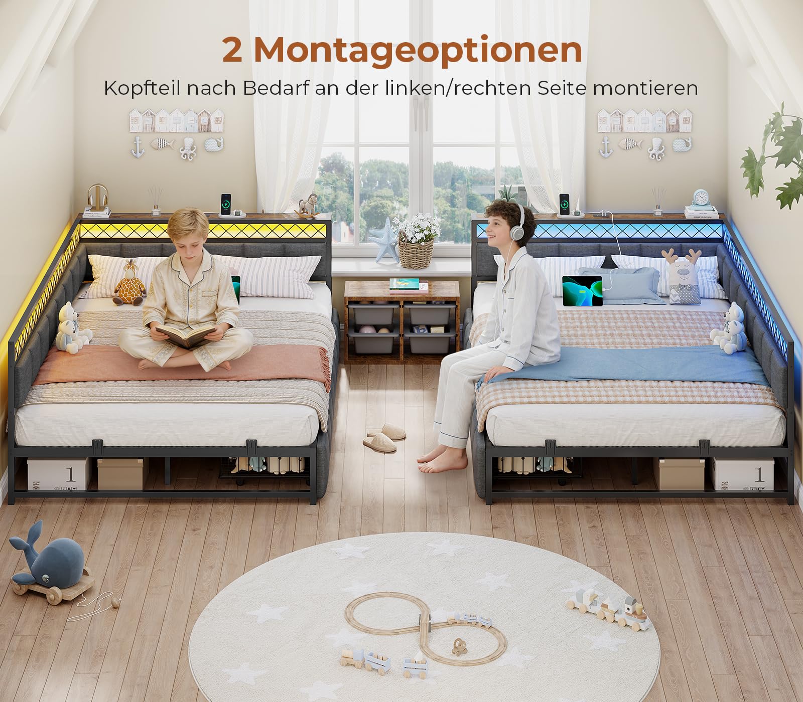 AOGLLATI Polsterbett Schlafsofa 140x200 mit USB-Steckdosen und LED-Beleuchtung Jugendbett 140x200 mit 2 Schubladen,Tagesbett Gästebett Bettgestell mit Lattenrost,Ohne Matratze(Grau,140x200cm)