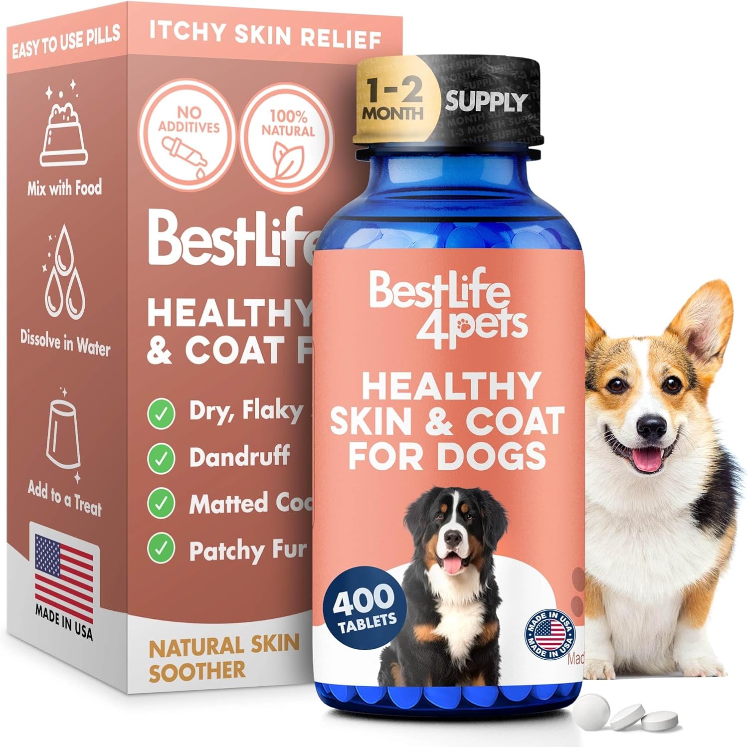 Natural Dog Skin and Coat Supplement – Gentle Itch Relief with Dry Skin, Rash, or Allergy Symptoms – Dog Shedding Supplement for Promoting Hair Regrowth – 400 Tiny Odorless Pills